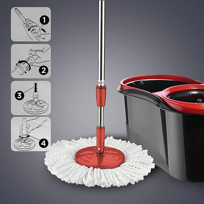 Easy Spin Mop and Bucket Set with 2 Heads and Spinner is made by Stainless steel.
