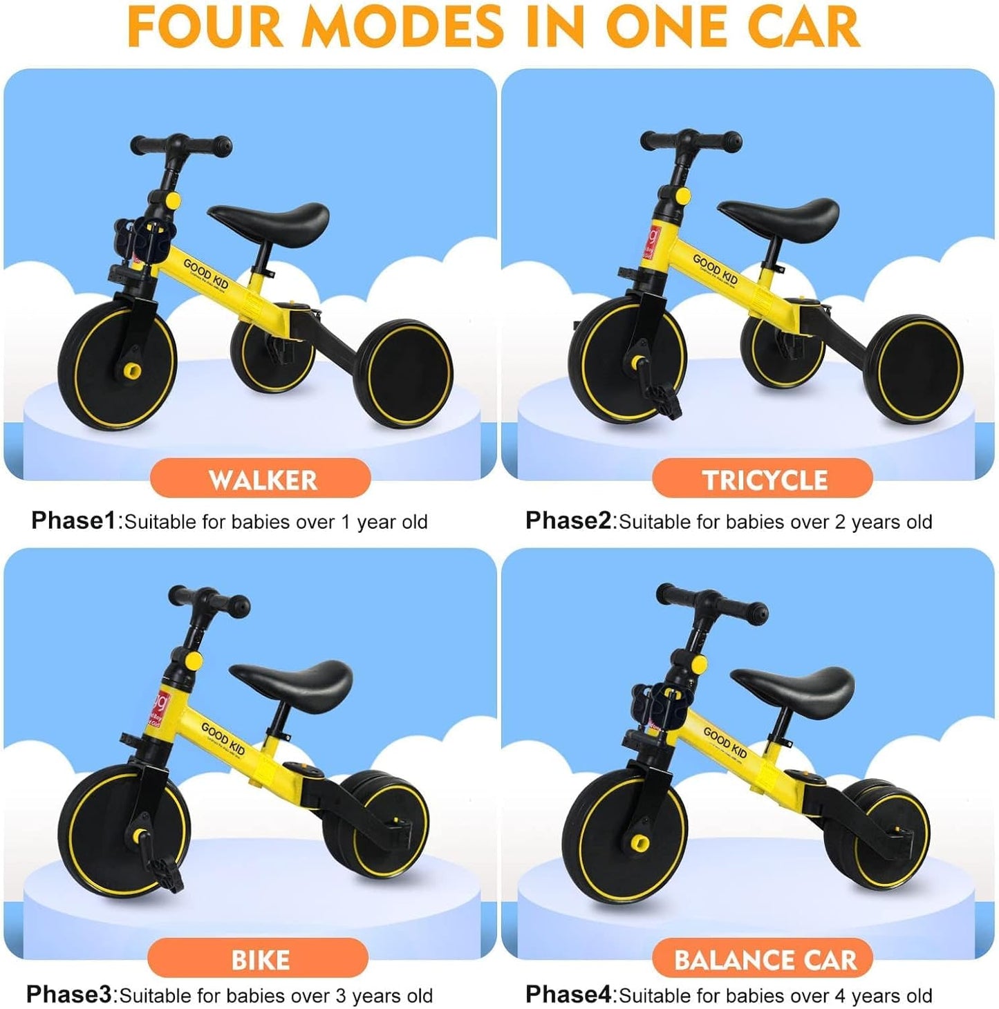 4 in 1 Kids Balance Bike Kids Tricycle for 1-4 Years, Toddlers cycle with Adjustable Seat and removable Pedals .