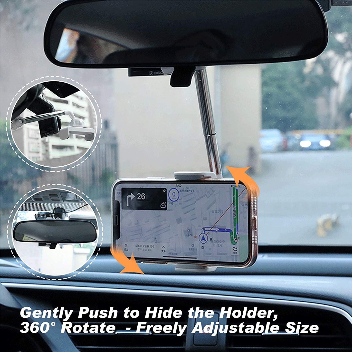 Rearview Mirror Car Phone Holder, 360° Rotatable Car Phone Mount, Phone Holder for Car, Cell Phone Automobile Cradles, Adjustable Cell Phone Holder for iPhone Compatible with all phones